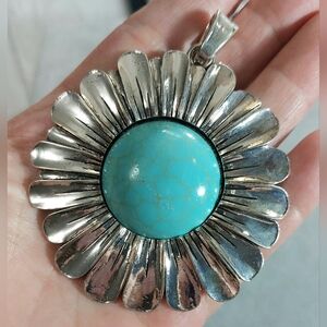 Large Silver And Turquoise Sunflower Floral Pendant